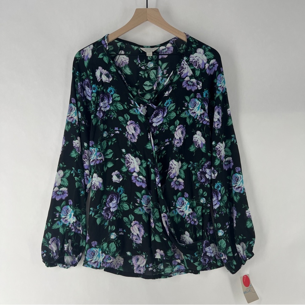 Belle Sky Chiffon Floral Print Strappy V-Neck Long Sleeve Faux Wrap Blouse L